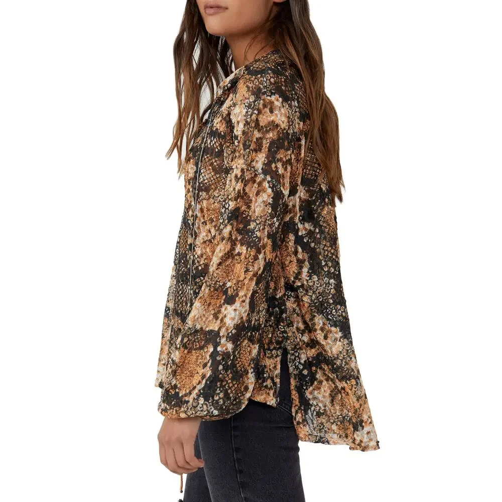 Free People Out For The Night Long Sleeve Blouse Shirt Size Small Snakeskin